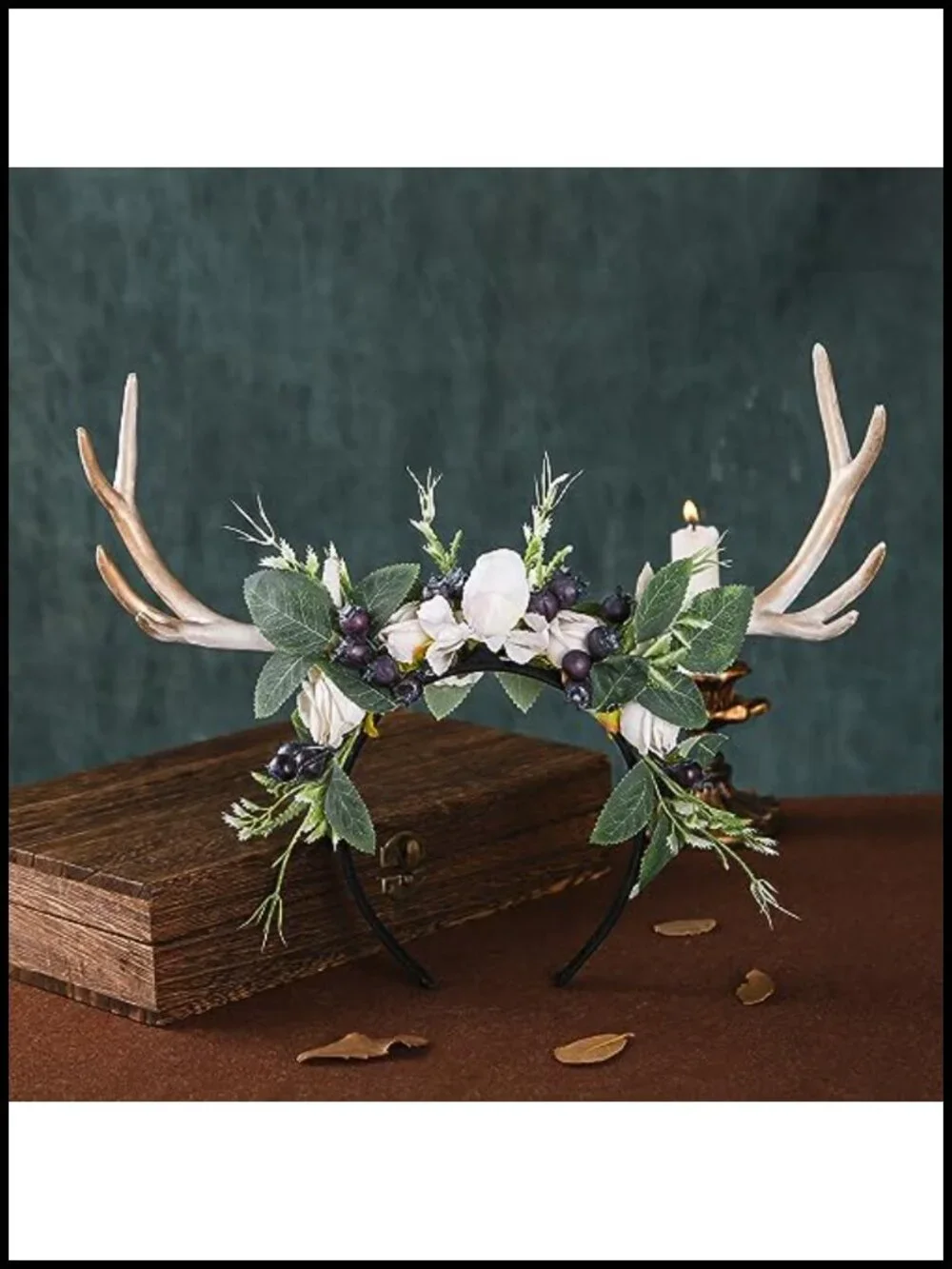 Handmade Deer Horns Headband with Flowers and Berries for Halloween Cosplay Prom